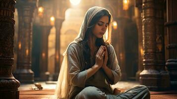 giovane musulmano donna preghiere ,giovane musulmano donna preghiere nel moschea foto