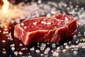 giapponese Manzo su Schermo, avvicinamento di stagionato a secco e grigliato wagyu Manzo bistecca su un' rustico di legno taglio tavola. foto