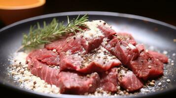 giapponese Manzo su Schermo, avvicinamento di stagionato a secco e grigliato wagyu Manzo bistecca su un' rustico di legno taglio tavola. foto