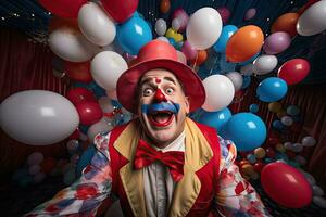colorato clown illustrazione di un' contento clown giocando con palloncini a un' figli di compleanno festa. foto