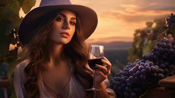 bellissimo ragazza sorsi rosso vino nel un' vigneto a tramonto , francese rosso vino foto