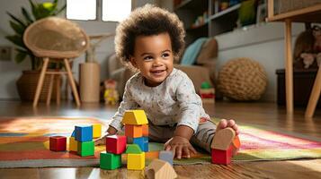 carino poco africano americano bambino apprendimento giocando con di legno blocchi nel il Casa foto