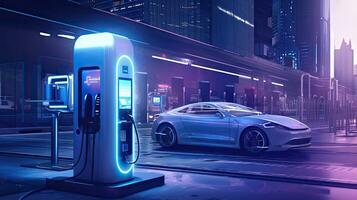 ev ricarica stazione per futuro elettrico macchine nel il concetto di verde energia e ecologico energia foto