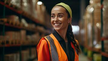 professionale femmina lavoratore indossare un' difficile cappello controlli azione e inventario. Al dettaglio magazzino pieno di scaffali foto