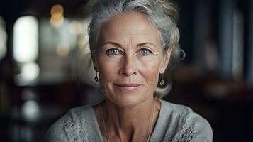 bellissimo di mezza età donna nel sua 50s guardare a il telecamera bellissimo viso, bene Salute, cosmetici, pelle cura foto