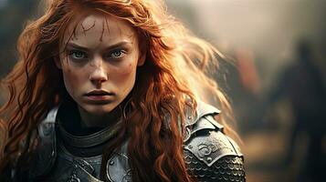 bellissimo femmina guerriero nel medievale metallo armatura con spada. Fata racconto storie di guerrieri, film tono foto