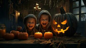 gruppo di bambini vestito su per Halloween, 3 bambini avendo divertimento su Halloween foto