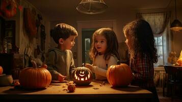 gruppo di bambini vestito su per Halloween, 3 bambini avendo divertimento su Halloween foto