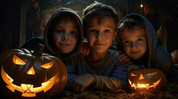 gruppo di bambini vestito su per Halloween, 3 bambini avendo divertimento su Halloween foto