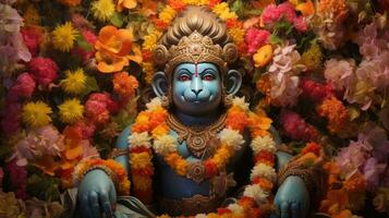 3d illustrazione di il indiano Dio hanuman con un' floreale sfondo circostante esso. foto