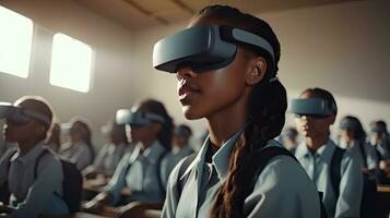 educativo innovazione femmina alunno nel virtuale la realtà bicchieri si unisce insegnante durante lezione nel luminosa aula a scuola foto