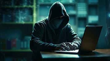 gli hacker e il malware pirata usi astratto il computer portatile con binario codice digitale interfaccia. foto