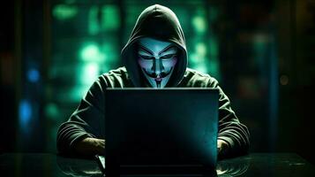 gli hacker e il malware pirata usi astratto il computer portatile con binario codice digitale interfaccia. foto