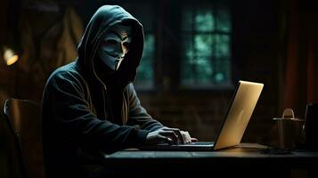 gli hacker e il malware pirata usi astratto il computer portatile con binario codice digitale interfaccia. foto