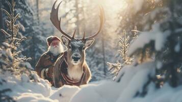 Santa Claus è vicino il suo renna nel il nevoso foresta foto