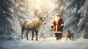 Santa Claus è vicino il suo renna nel il nevoso foresta foto