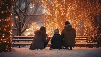 famiglia, genitori e bambini nel un' bellissimo inverno giardino con Natale luci su il alberi nel il sera foto