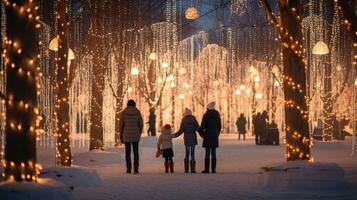 famiglia, genitori e bambini nel un' bellissimo inverno giardino con Natale luci su il alberi nel il sera foto