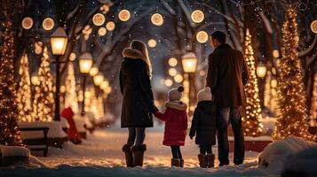 famiglia, genitori e bambini nel un' bellissimo inverno giardino con Natale luci su il alberi nel il sera foto