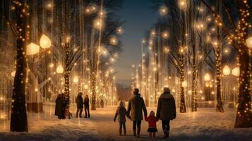 famiglia, genitori e bambini nel un' bellissimo inverno giardino con Natale luci su il alberi nel il sera foto