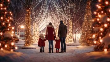 famiglia, genitori e bambini nel un' bellissimo inverno giardino con Natale luci su il alberi nel il sera foto