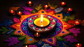 olio lampade illuminato su colorato rangoli durante Diwali celebrazione colorato argilla diya lampade con fiori foto