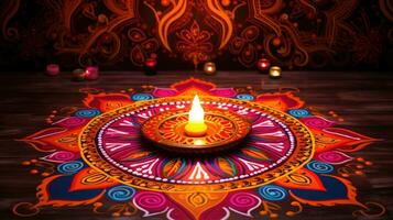 olio lampade illuminato su colorato rangoli durante Diwali celebrazione colorato argilla diya lampade con fiori foto