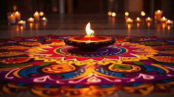 olio lampade illuminato su colorato rangoli durante Diwali celebrazione colorato argilla diya lampade con fiori foto