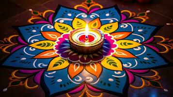 olio lampade illuminato su colorato rangoli durante Diwali celebrazione colorato argilla diya lampade con fiori foto