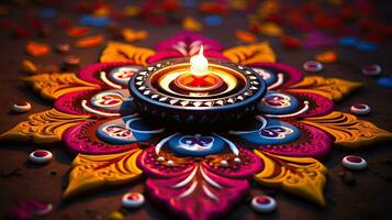 olio lampade illuminato su colorato rangoli durante Diwali celebrazione colorato argilla diya lampade con fiori foto