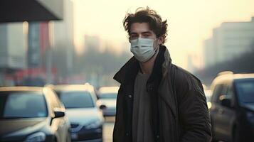 un' giovane uomo indossa un n95 maschera per proteggere contro pm 2.5 polvere e aria inquinamento. dietro a Là siamo macchine passaggio di e Là è un' magro flusso. foto