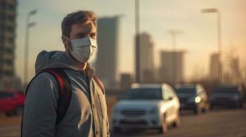 un' giovane uomo indossa un n95 maschera per proteggere contro pm 2.5 polvere e aria inquinamento. dietro a Là siamo macchine passaggio di e Là è un' magro flusso. foto