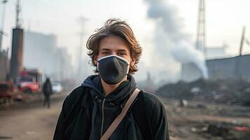 un' giovane uomo indossa un n95 maschera per proteggere contro pm 2.5 polvere e aria inquinamento. dietro a Là siamo macchine passaggio di e Là è un' magro flusso. foto