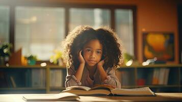 nero femmina elementare scuola alunno seduta solo nel il aula pensiero di compiti a casa. Là è un' libro su il tavolo foto