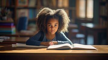 nero femmina elementare scuola alunno seduta solo nel il aula pensiero di compiti a casa. Là è un' libro su il tavolo foto