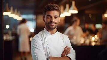 avvicinamento tiro di sorridente bello giovane italo-americano capocuoco nel bianca uniforme, in piedi guardare a telecamera, dietro a ristorante, sfocato cibo. foto