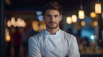 avvicinamento tiro di sorridente bello giovane italo-americano capocuoco nel bianca uniforme, in piedi guardare a telecamera, dietro a ristorante, sfocato cibo. foto