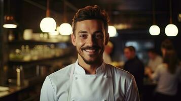 avvicinamento tiro di sorridente bello giovane italo-americano capocuoco nel bianca uniforme, in piedi guardare a telecamera, dietro a ristorante, sfocato cibo. foto