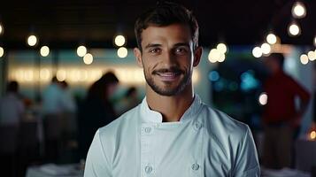 avvicinamento tiro di sorridente bello giovane italo-americano capocuoco nel bianca uniforme, in piedi guardare a telecamera, dietro a ristorante, sfocato cibo. foto