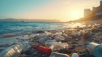 spazzatura su il bordo di un vuoto e sporco plastica bottiglia grande città spiaggia ambientale inquinamento ecologico i problemi foto