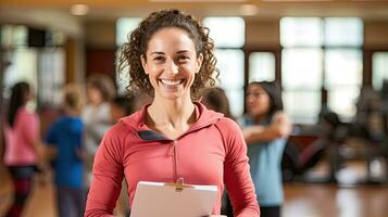 femmina fisico formazione scolastica insegnante detiene un' sorridente Palestra cartella dietro a sua per studenti per esercizio. foto