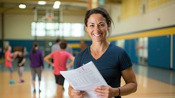 femmina fisico formazione scolastica insegnante detiene un' sorridente Palestra cartella dietro a sua per studenti per esercizio. foto