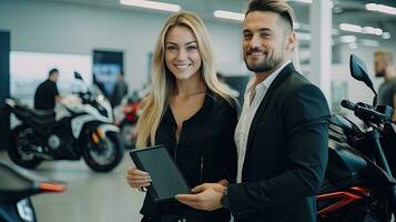 un' commessa detiene un' sorridente Palestra file. dietro a esso è un' nuovo grande bicicletta nel il showroom. foto