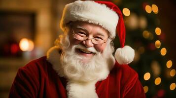 Santa Claus detiene un' Messaggio di felicità guardare a il telecamera, sorridente felicemente foto