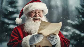 Santa Claus detiene un' Messaggio di felicità guardare a il telecamera, sorridente felicemente foto