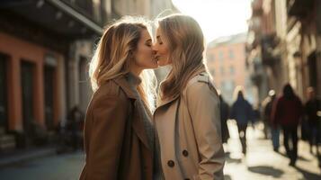 lesbica coppia baci durante un' romantico Data a tramonto su il strade di Madrid foto