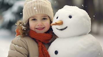 sorridente giovane donna con pupazzo di neve su bianca Natale nel inverno neve foto