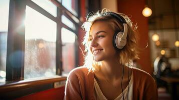 sorridente donna ascoltando per musica attraverso senza fili cuffie e giocando su tavoletta seduta nel un' caffè negozio foto