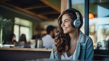 sorridente donna ascoltando per musica attraverso senza fili cuffie e giocando su tavoletta seduta nel un' caffè negozio foto