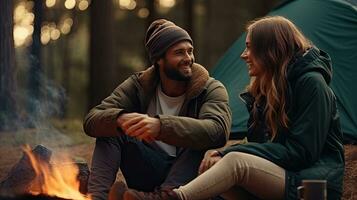 giovane coppia avendo un' picnic seduta vicino un' fuoco di bivacco e tenda bevanda caffè nel il pino foresta foto